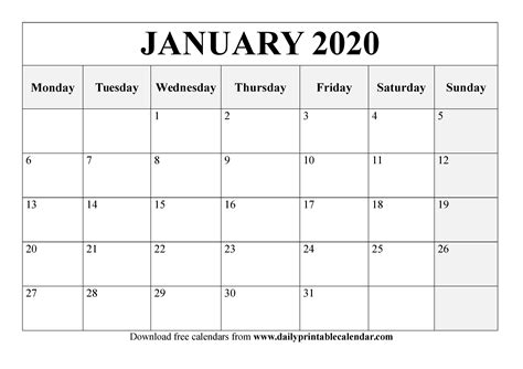 Editable January 2020 Calendar Pdf Word Excel Free Templates