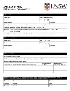 Fillable Online APPLICATION FORM HSC University Pathways 2013 HSC