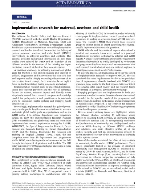 Pdf Implementation Research For Maternal Newborn And Child Health