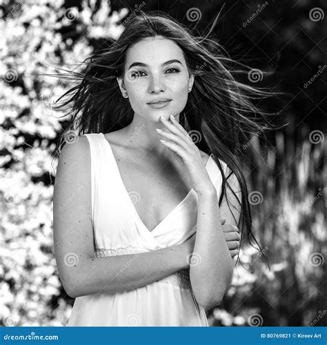 Black White Outdoor Portrait Of Beautiful Emotional Young Brunette Woman In Stylish Dress Stock