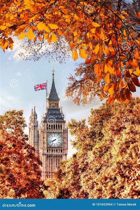 Big Ben Clock Against Autumn Leaves In London England Uk Stock Photo