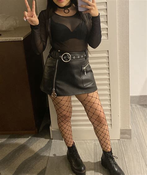 Black Leather Skirt With Mesh Top Alternative Fishnets Goth