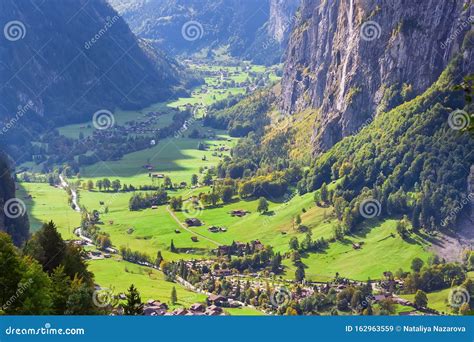Lauterbrunnen Valley Aerial View In Swiss Alps Switzerland Stock Image