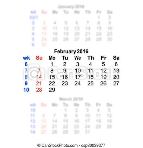 February 2016 Calendar Week Starts On Sunday Vector Illustration 2016