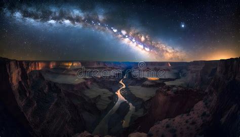 Grand Canyon At Night Panorama Of Rocky Mountains Under Starry Sky
