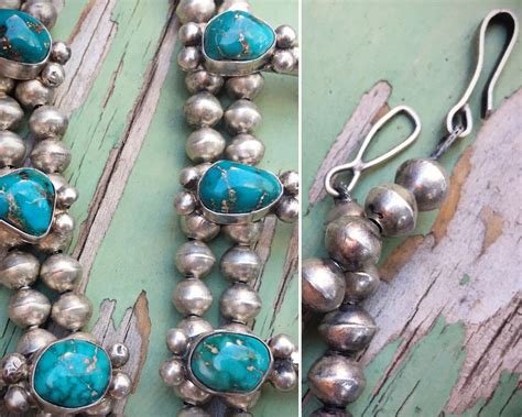 Vintage Sterling Silver Natural Turquoise Squash Blossom Necklace