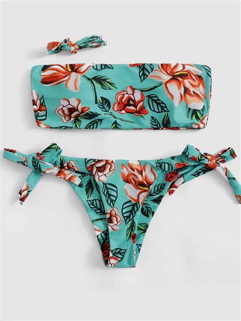 Green Floral Bandeau Swimsuit With Low Rise Tie Side Bikini Bottom
