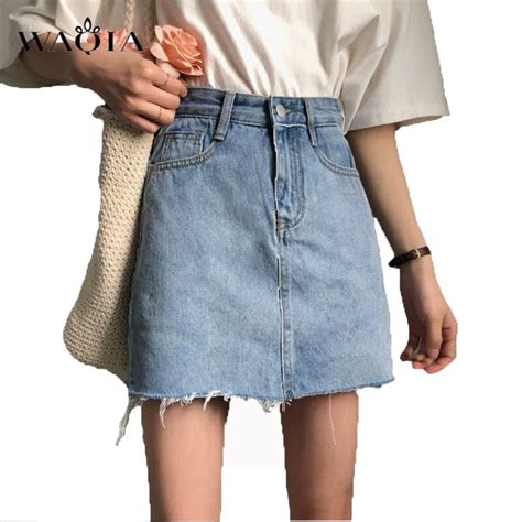 waqia summer jeans skirt women high waist jupe irregular edges denim skirts female mini saia