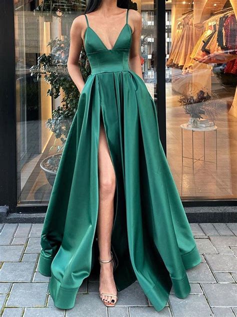 A Line V Neck Dark Green Long Prom Dresses With Leg Slit High Slit