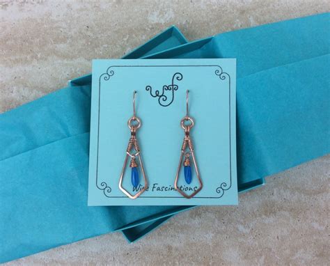 Handmade Copper Earrings Framed Wire Wrapped Dangling Blue Glass