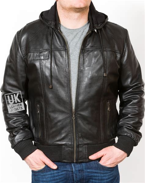 Mens Black Hooded Leather Bomber Jacket Troy Detachable Hood Uk Lj