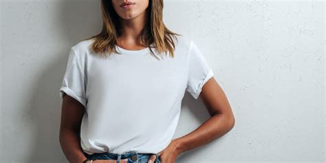 Premium Photo Girl Or Woman Wearing White Blank T Shirt With Space For Your Logo Mock Up Or