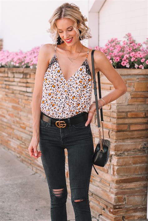 Leopard Bodysuit Cami Black Distressed Jeans Summer Date Night Outfit