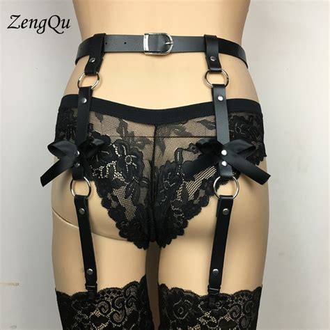 Sexy Harajuku Handmade Faux Leather Bow Garter Belts Leg Ring With 4 Suspenders Straps Men Women