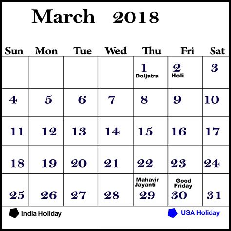 2018 March Calendar With Holidays Usa Uk Oppidan Library