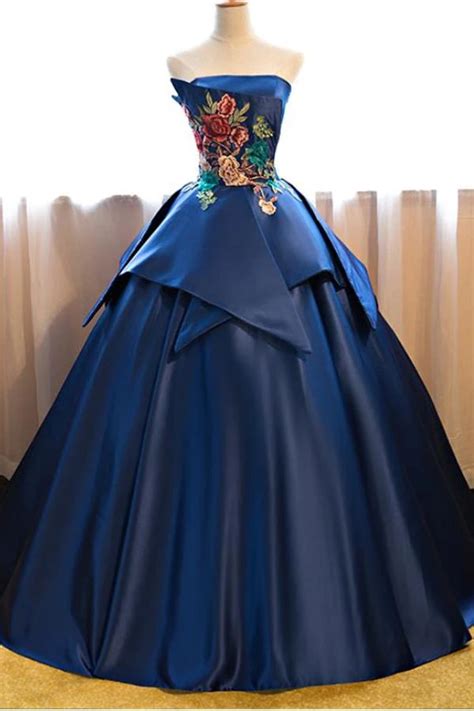 Dark Blue Ball Gown Satin Strapless Lace Up Appliques Long Prom Dress