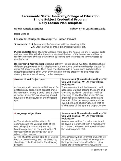 Single Subject Daily Lesson Plan Template Skeleton Educational