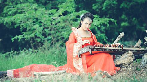 wallpaper temple forest women long hair brunette red asian musical instrument dress