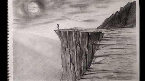 How To Draw Alone Cliffs With Pencil Landscape Drawing Youtube
