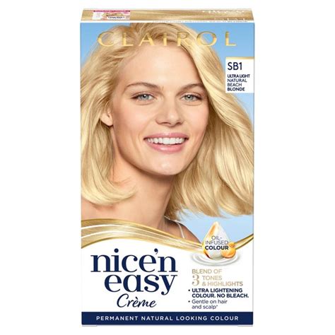 My own hair, which is naturally a dark golden blonde is highlighted to almost a platinum without bleach. Nice n Easy Hair Dye Natural Beach Blonde SB1 from Ocado