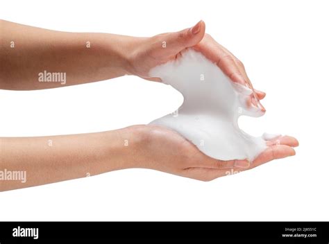Female Hand With Soap Bubbles On White Background Hands With White