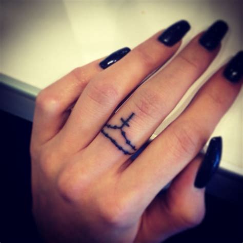 Rosary Finger Tattoo With Long Black Gel Nails Elegant Hands Finger