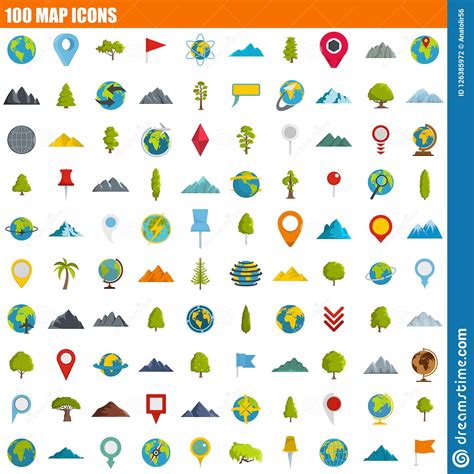 100 Map Icon Set Flat Style Stock Vector Illustration Of Outdoor
