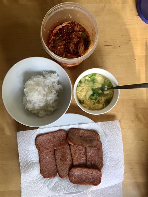 Korean Breakfast Of Champions Rice Kimchi Egg Soup And Spam R