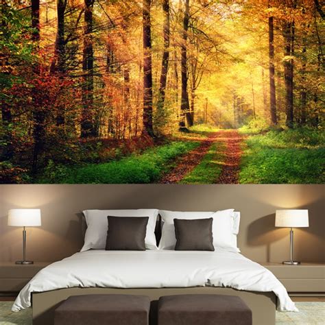 Sunlight Autumn Forest Path Wall Mural Woods Trees Wallpaper Nature Photo Decor