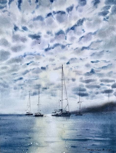 Sailboat And Clouds Watercolor Painting Original Art Seascape Wall
