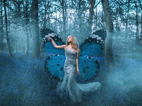 Forest Fantasy Woman Fairy Blue Girl Butterfly Wallpaper