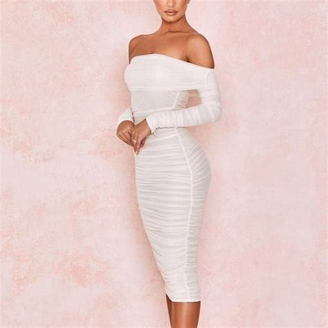 Off The Shoulder Mesh Ruched Bodycon Long Sleeve Midi Womens Dress In