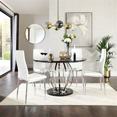 Savoy Round Dining Table And 4 Renzo Chairs Black Marble Effect And Chrome