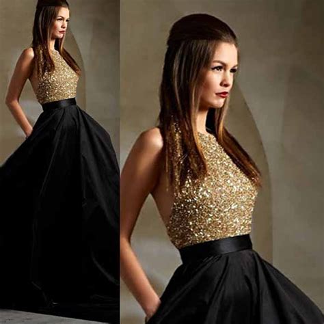 2017 Latest Black Satin Long Prom Dress Plus Size Gold Beaded Crystal
