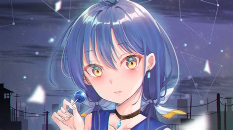 Blue Hair Yellow Eyes Anime Girl With Lollipop Hd Anime Girl Wallpapers