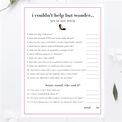 Sex And The City Bachelorette Party Trivia Game Printable Awdesignsprintables