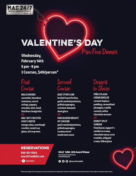 This will help you as you serve the food for each guest. Valentine's Day Prix Fixe Dinner - Mac 24/7 Restaurant + Bar
