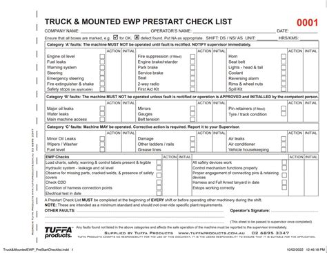 Truck Mounted EWP Prestart Checklist