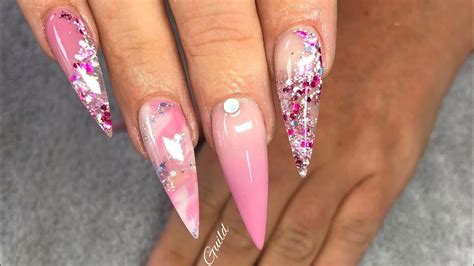 Pink And Glittery Stiletto Acrylic Nails Youtube