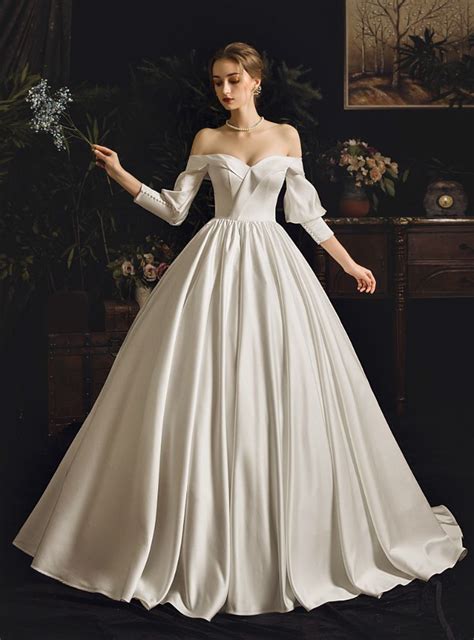 Simple White Ball Gown Satin Off The Shoulder Long Sleeve Wedding Dress