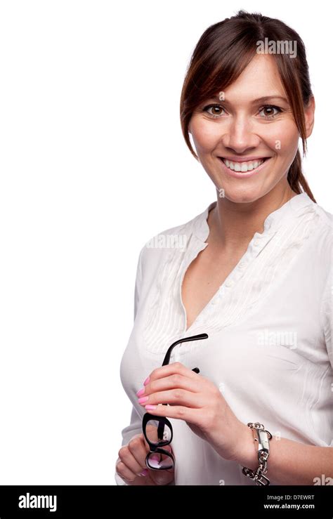 Closeup Of Elegant Business Woman With Perfect Smile And Glasses In Her