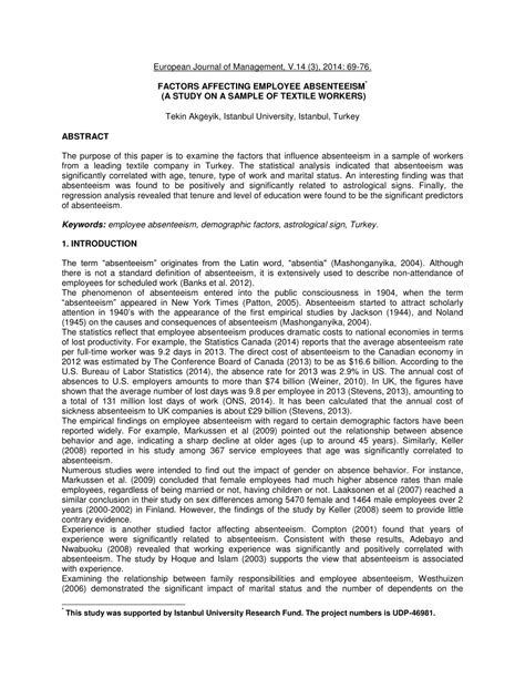 Pdf Factors Affecting Employee Absenteeism A Study On A Sample Of