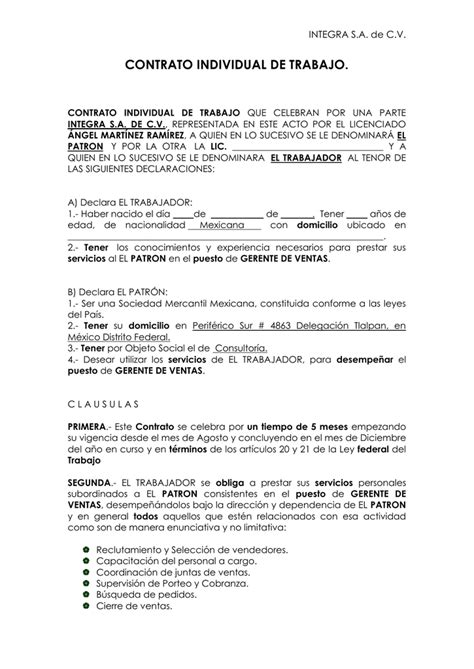 Contrato Individual De Trabajo Ejemplo Pdf Mexico