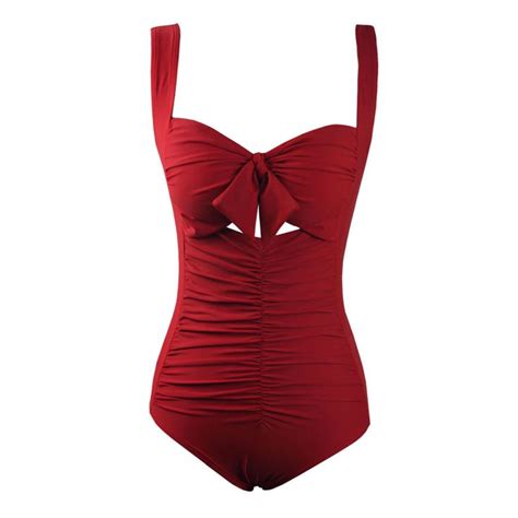 Women Vintage Red Ruched Padded One Piece Retro Swimsuit Swimwear