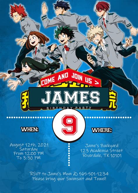 Customizable My Hero Academia Theme Birthday Party Invitation Etsy