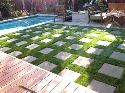 The artificial grass fits seamlessly into our yard. Artificial grass with pavers. | Artificial grass backyard ...
