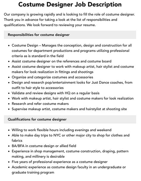 Costume Designer Job Description Velvet Jobs