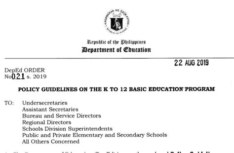 2019 Policy Guidelines On The K To 12 Basic Education Program