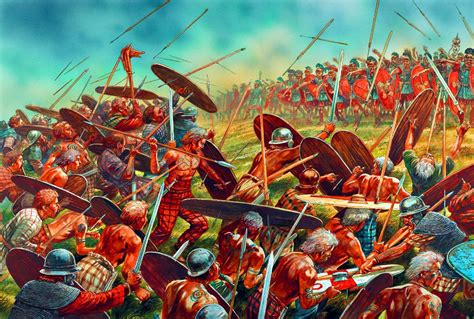 Helvetii Gauls Charging Against Roman Legionaries Ancient Warfare