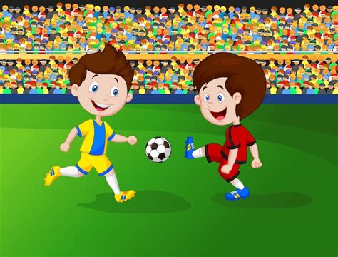 Niño De Dibujos Animados Jugando Al Fútbol Vector Premium